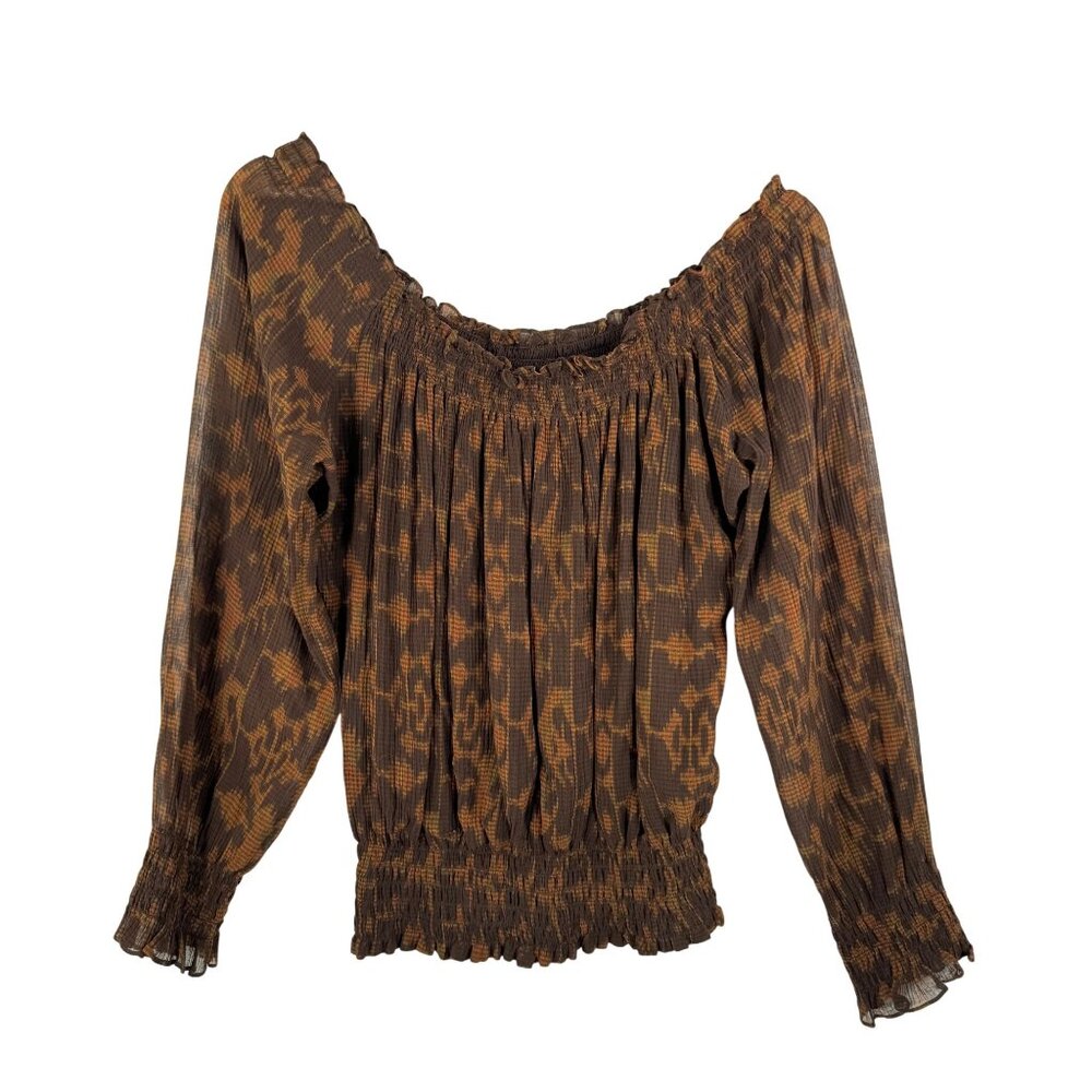 Lauren Ralph Lauren smocked off shoulder silk blend leopard blouse sz 8P